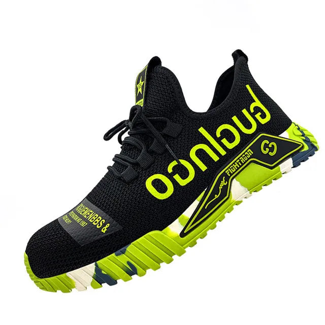 Steel toe work shoes for men with fly woven mesh upper and rubber sole, puncture proof, available in six colours
