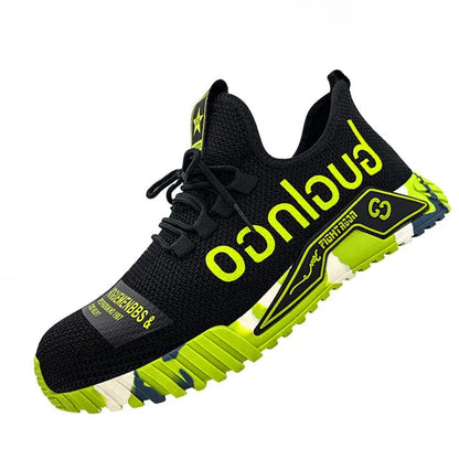 Steel toe work shoes for men with fly woven mesh upper and rubber sole, puncture proof, available in six colours