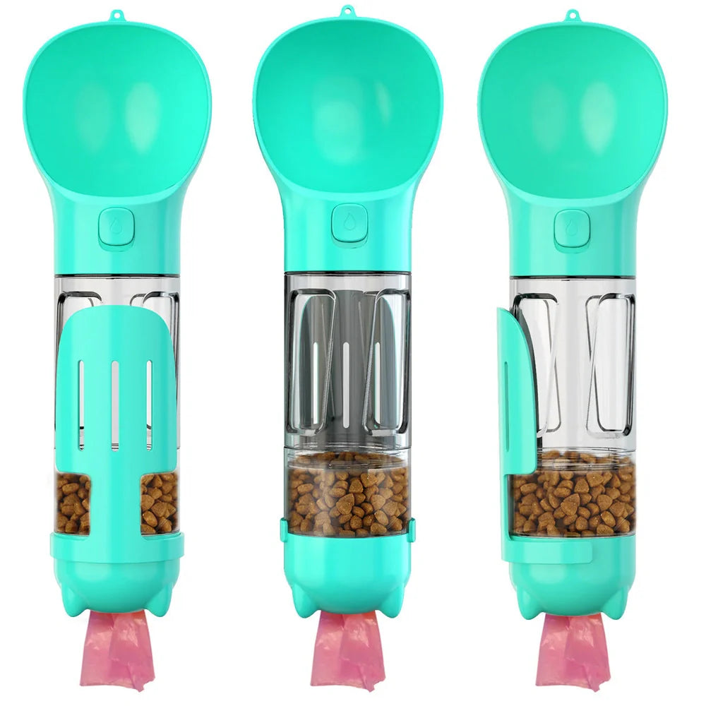 Aquamarine portable dog water bottle with attached poop bag dispenser and treat holder compartment