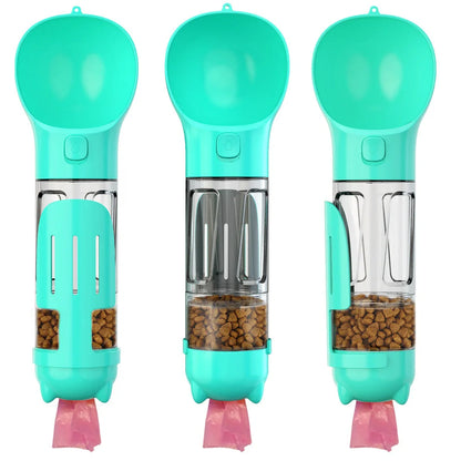 Aquamarine portable dog water bottle with attached poop bag dispenser and treat holder compartment