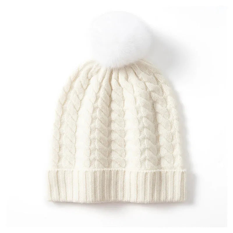 Women's cashmere knitted hat with fur ball in white velvet colour, average size, autumn winter accessory