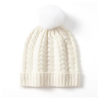 Women's cashmere knitted hat with fur ball in white velvet colour, average size, autumn winter accessory