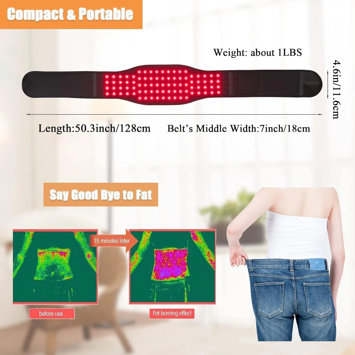 Black adjustable infrared physical therapy belt for waist pain relief with 12V heat output