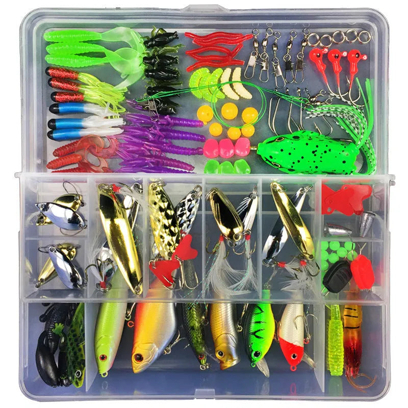 Junior fishing lure suit set in PP plastic box with multiple bait designs including thunder frog lures