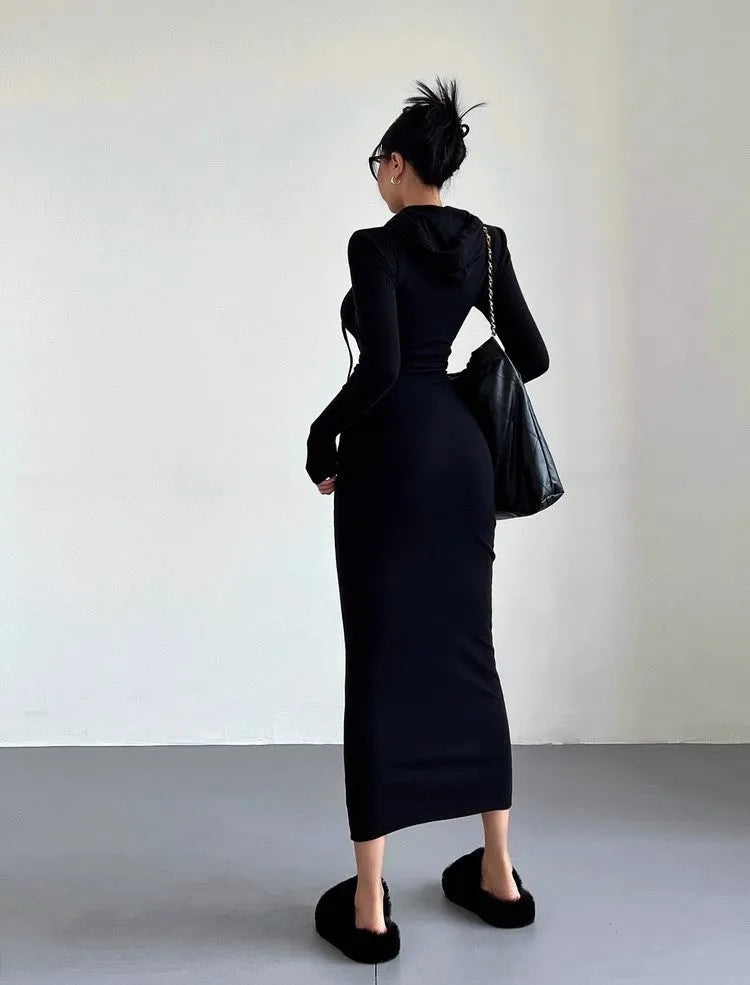 Women's sheath over-the-knee dress with hood and long sleeves in polyester, available in multiple colours