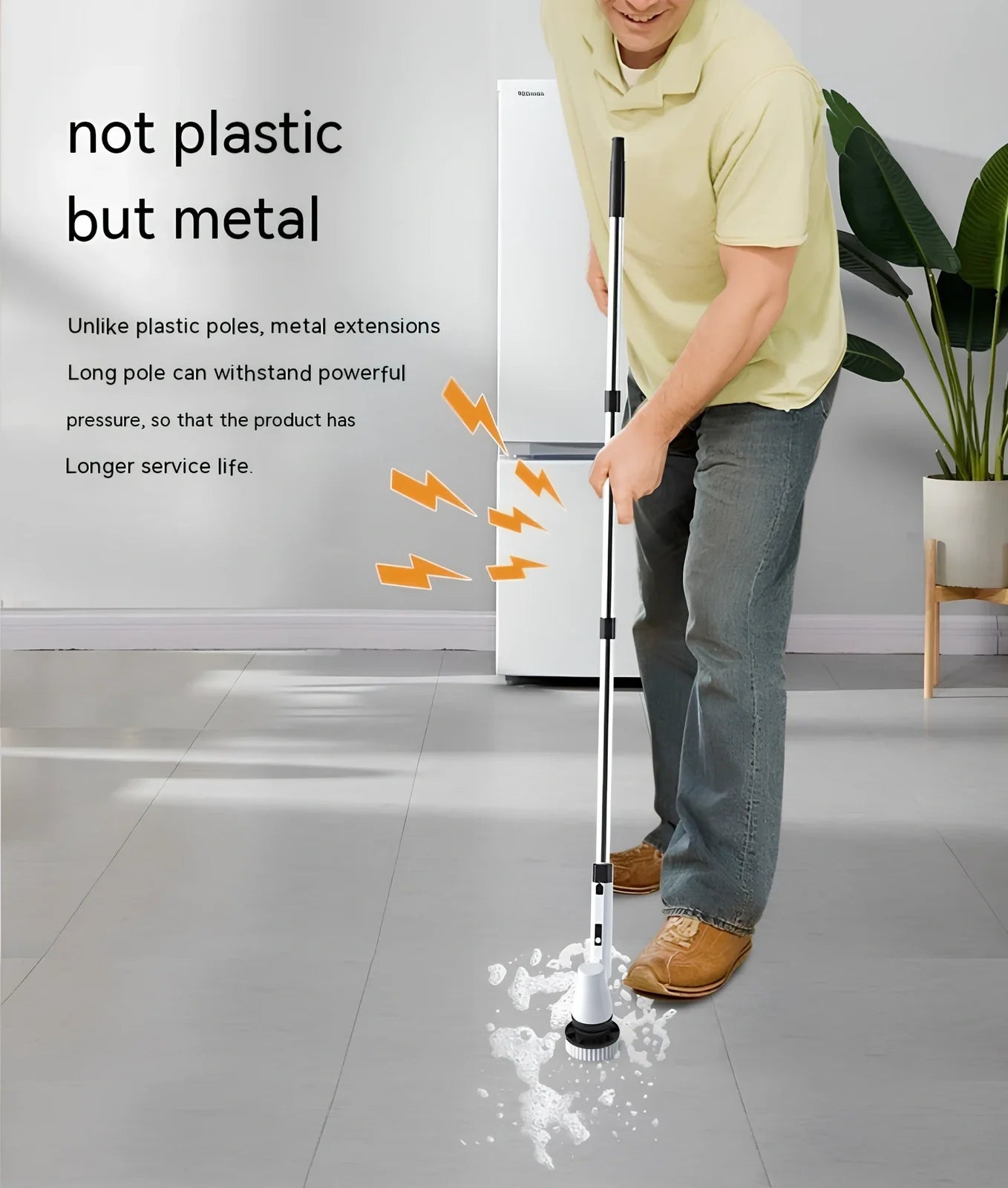 White 7-in-1 wireless electric cleaning brush with retractable 120cm handle and seven attachments for bathroom, floor, and car use