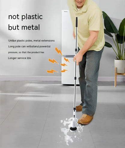 White 7-in-1 wireless electric cleaning brush with retractable 120cm handle and seven attachments for bathroom, floor, and car use