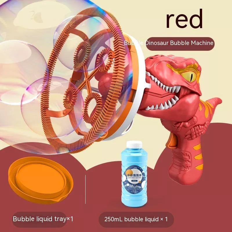Dinosaur-shaped bubble machine for kids with red, blue, and green options