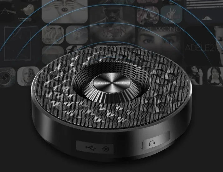 Bluetooth wireless mini speaker in black, orange, and silvery white colours showing compact 10cm size and USB-C port