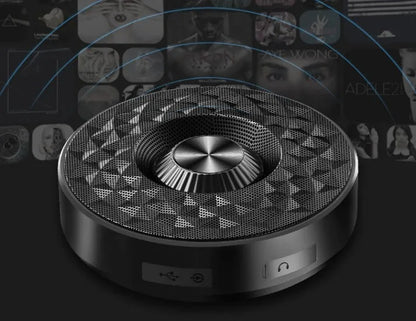 Bluetooth wireless mini speaker in black, orange, and silvery white colours showing compact 10cm size and USB-C port