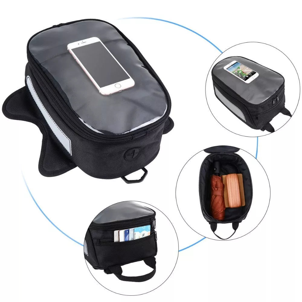 Black waterproof magnetic motorcycle fuel tank bag with reflective safety features
