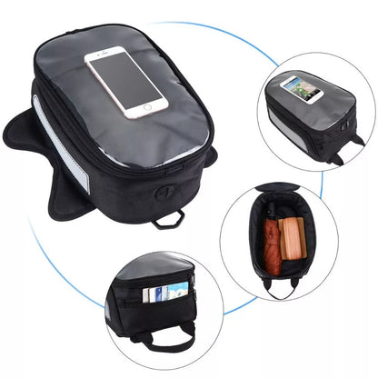 Black waterproof magnetic motorcycle fuel tank bag with reflective safety features