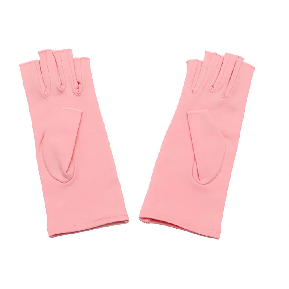 Breathable half-finger compression gloves showing exposed fingertips and adhesive grey section for joint support