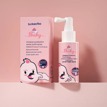 40ml bottle of children's probiotic oral spray for white teeth and cavity prevention in strawberry or orange flavour