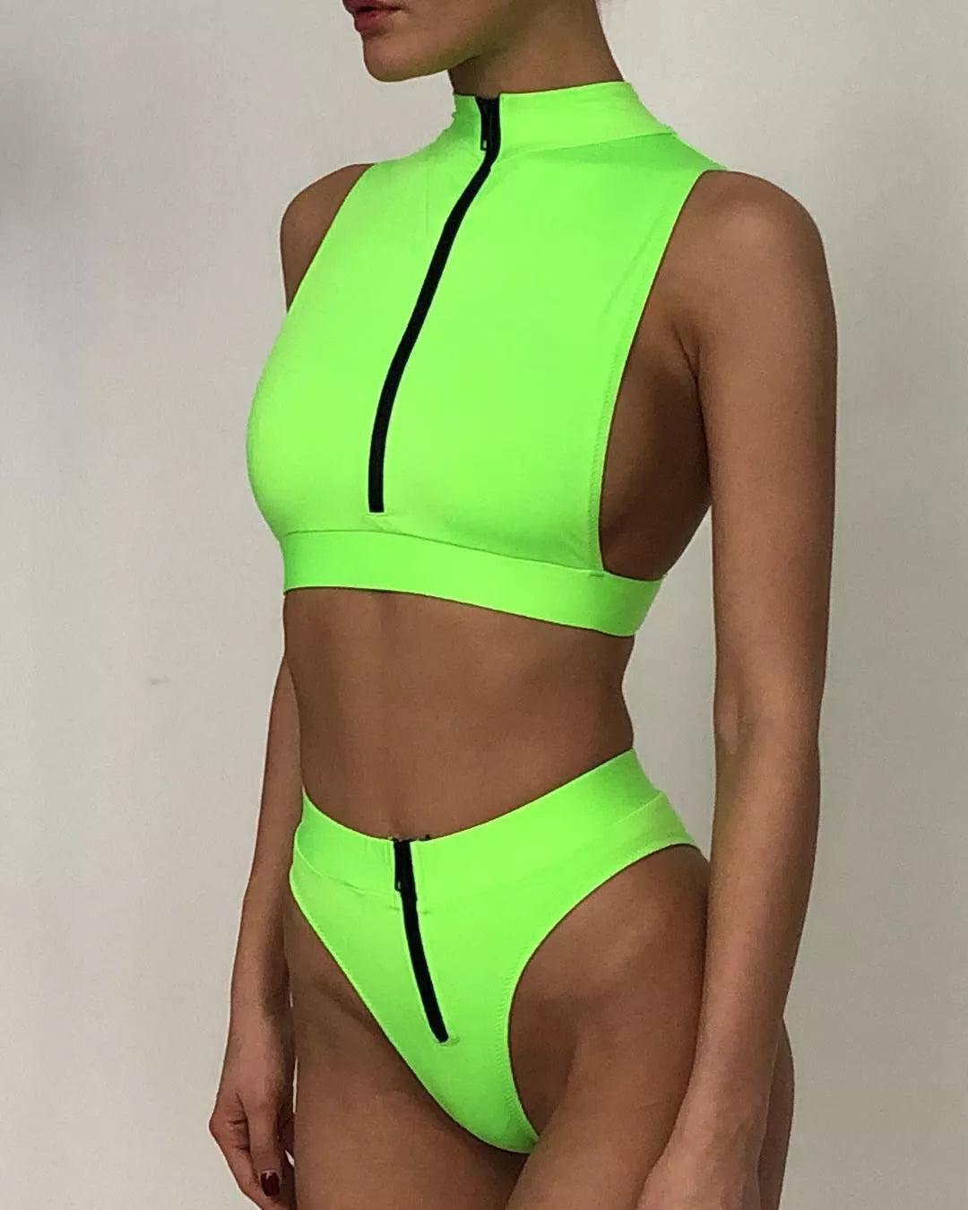 Fluorescent solid bikini swimsuit in yellow, green, and pink, sizes S, M, L