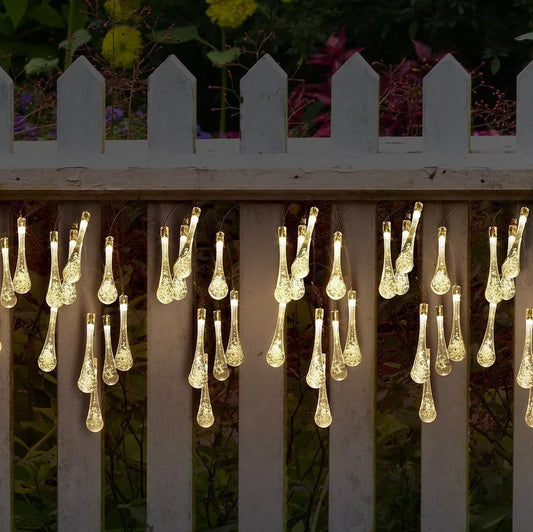 6.5m LED solar water drop string lights with 30 LEDs and waterproof pendants for garden use