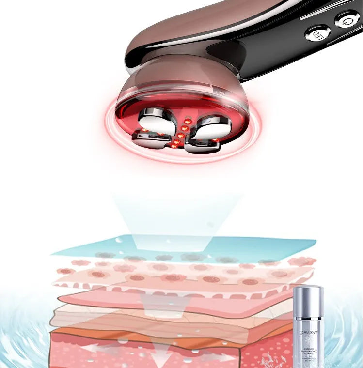 Vibration beauty instrument with medical anti-allergy steel probe, RF EMS sonic vibration and colour light, in rose gold or white