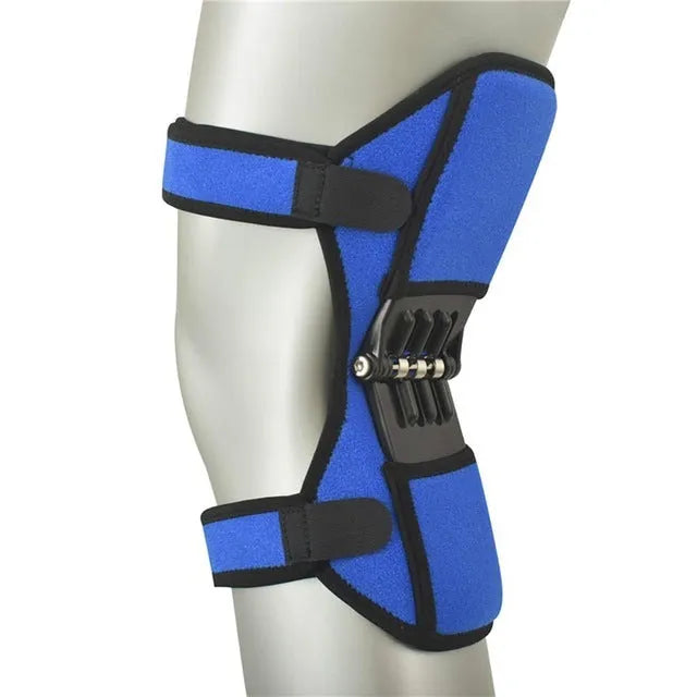 Adjustable spring knee brace for sports support in black, shown with straps.