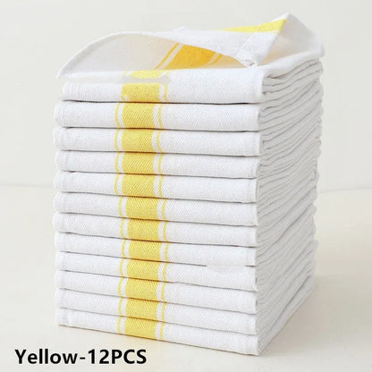 Set of 12 striped kitchen dish towels in five colours showing 48x70cm dimensions and cotton blend material
