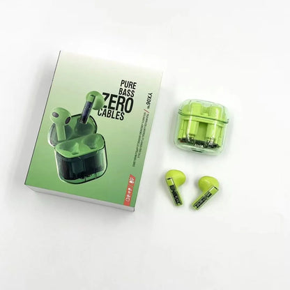 YX06 wireless TWS headphones in black, white, orange, or green colours with charging case
