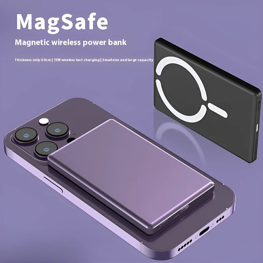 Slim dark grey magnetic power bank attached to a smartphone, showing its thin 9mm profile.