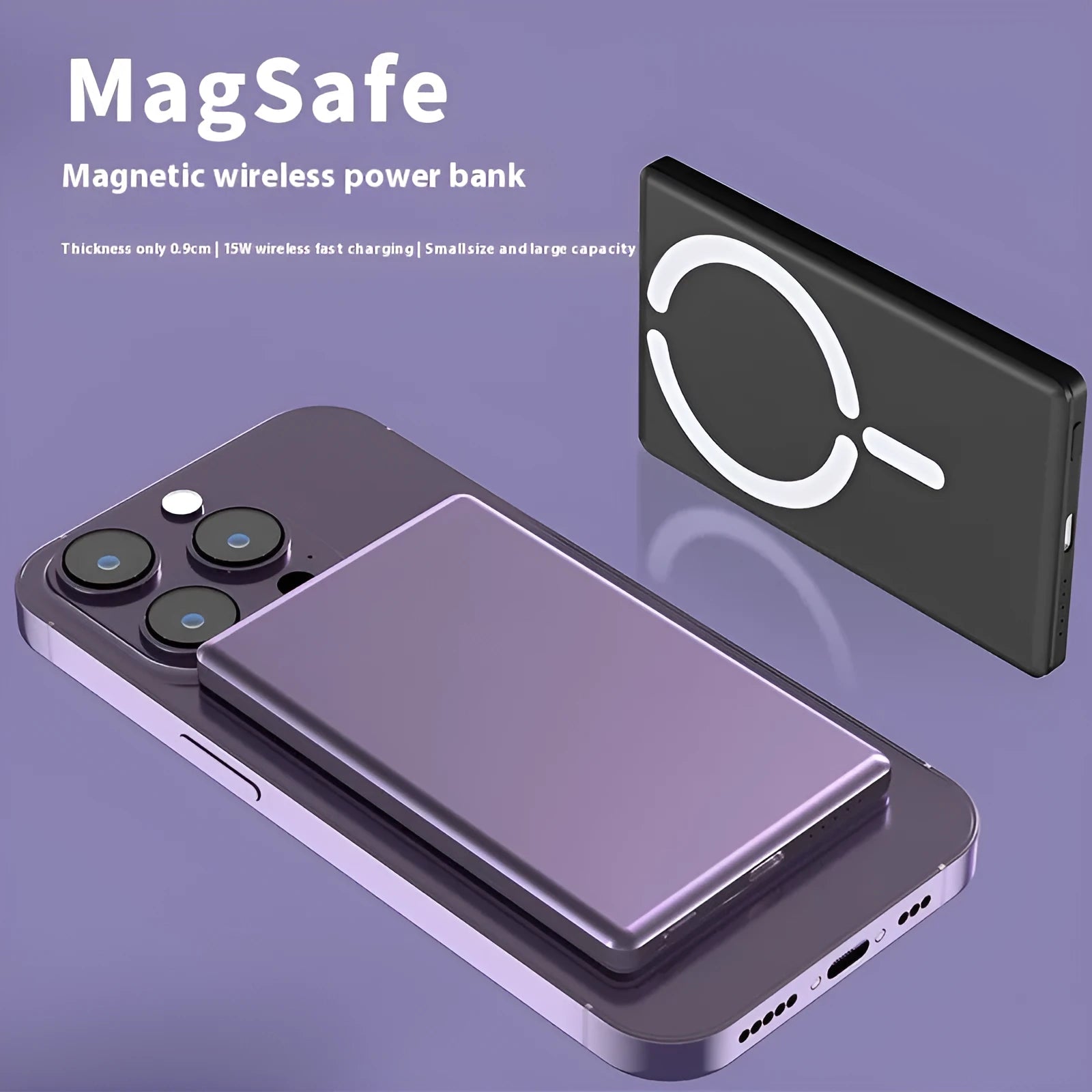 Slim dark grey magnetic power bank attached to the back of an iPhone, showing its thin 9mm profile.