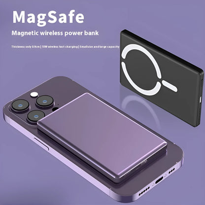 Slim dark grey magnetic power bank attached to the back of an iPhone, showing its thin 9mm profile.