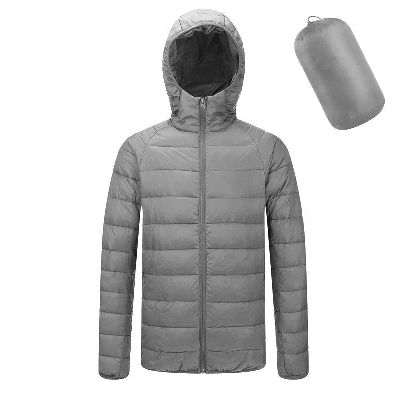 Men's lightweight hooded jacket in various solid colors with zipper closure and stylish design