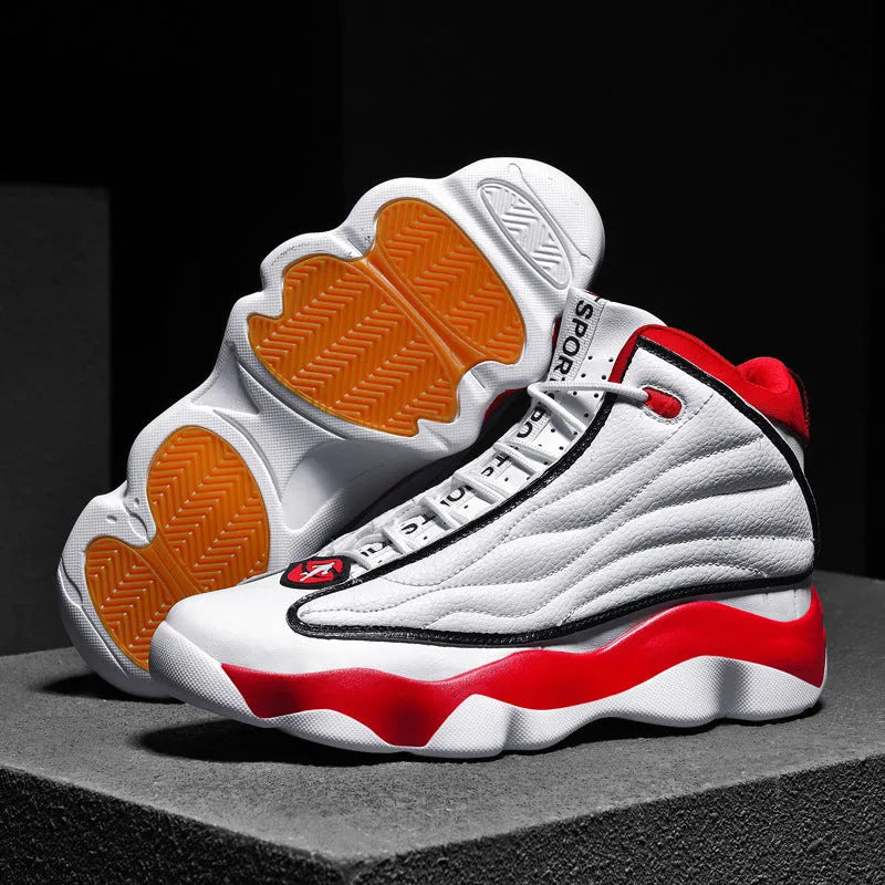 Men's high-top basketball shoes in AJ13 style colours with mesh upper and thick rubber sole.