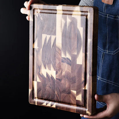 Brown solid acacia wood cutting board with 3cm thick edge, shown in large and small size options.
