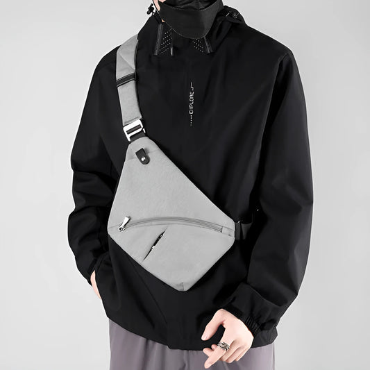 Men's black Oxford cloth chest bag with letter print worn over shoulder