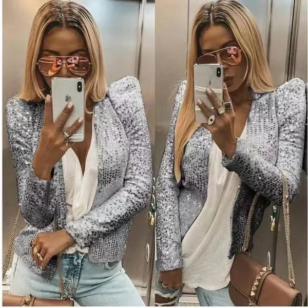 Women's slim fit short sequin coat, 50cm length, available in 17 colours and sizes S to XXXL.