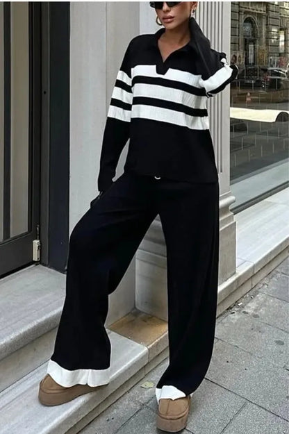 Women's black and white striped knitted two-piece set with polo collar and trousers