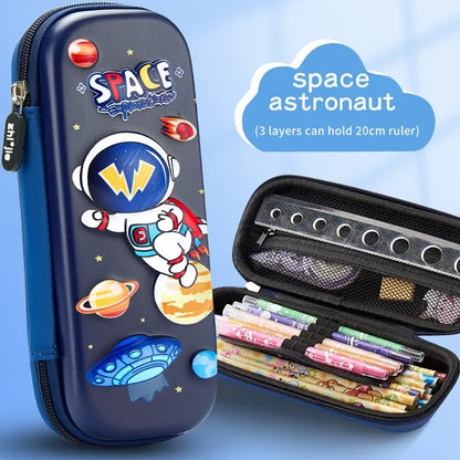 Leather 3D pencil case showing design themes: dinosaur, astronaut, mermaid, unicorn, and spaceship.