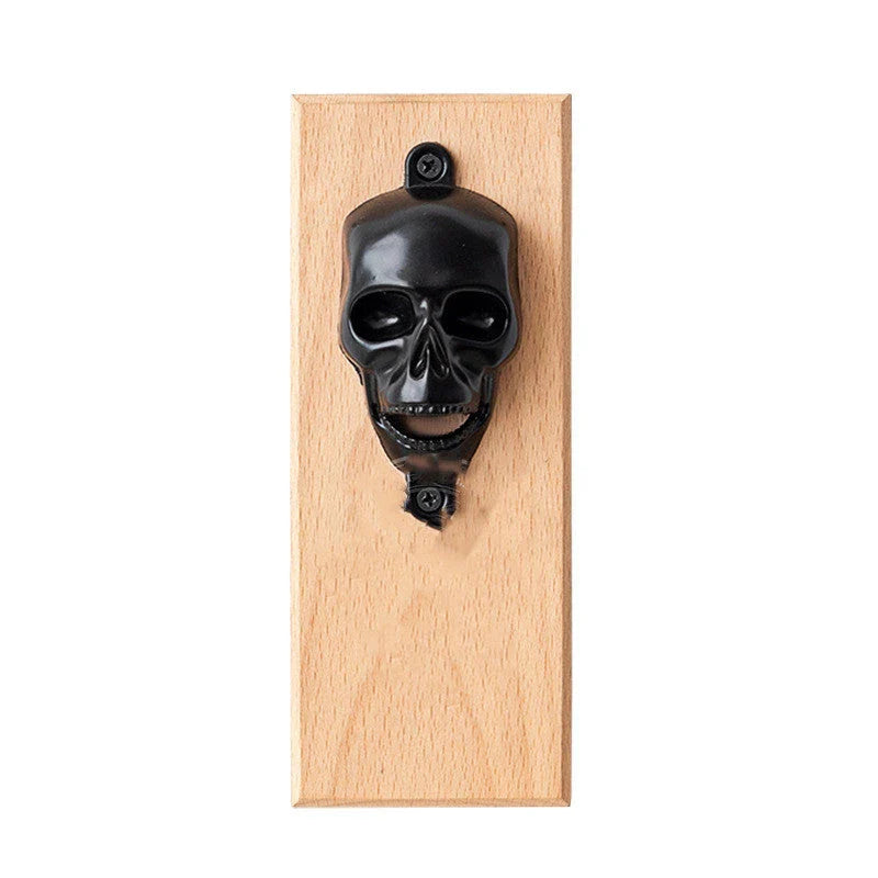 Stylish skeleton-shaped magnetic bottle opener with sleek black finish and solid wood base