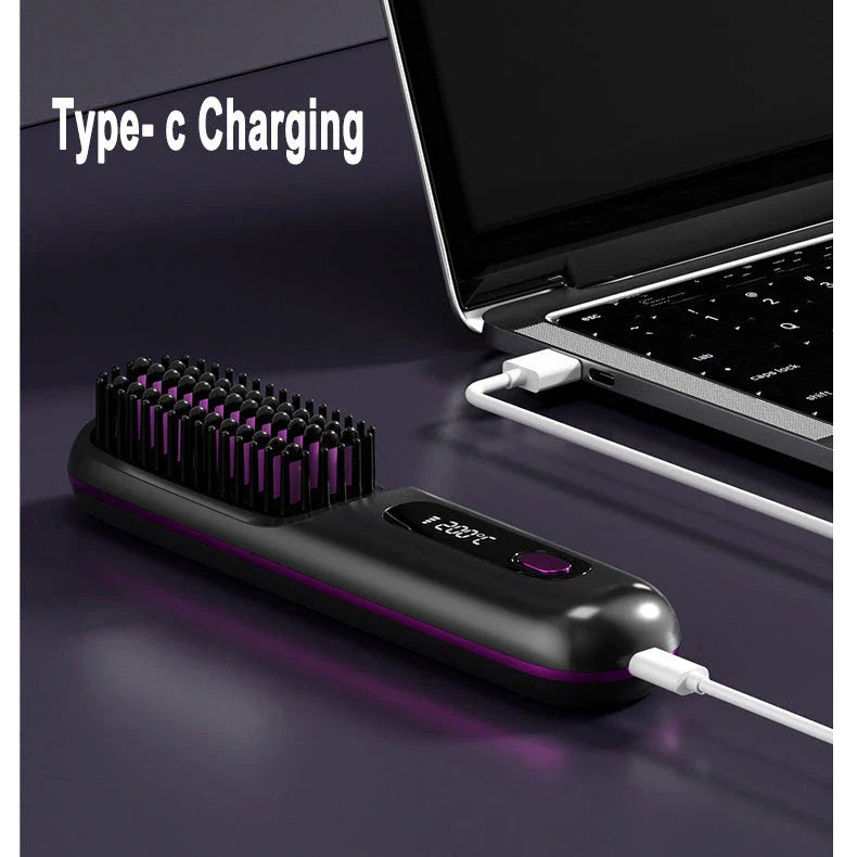 Wireless Hair Straightener Brush with fast heating, portable design, and USB charging