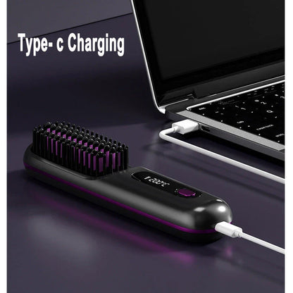 Wireless Hair Straightener Brush with fast heating, portable design, and USB charging