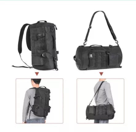 Black cylinder fishing tackle backpack with 23L capacity and versatile carry options