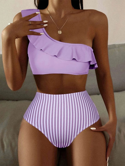 Women's striped and solid colour bikini swimsuit set shown in multiple colour options.