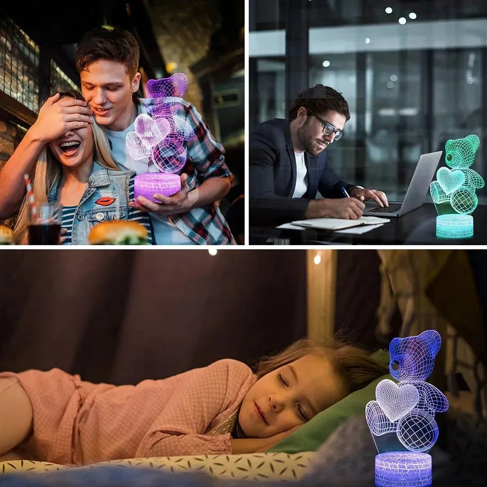 3D acrylic teddy bear LED night light with remote control showing 16 colour options and 85mm base