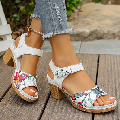White women's high heel sandals with velcro buckle closure showing PU upper and rubber sole