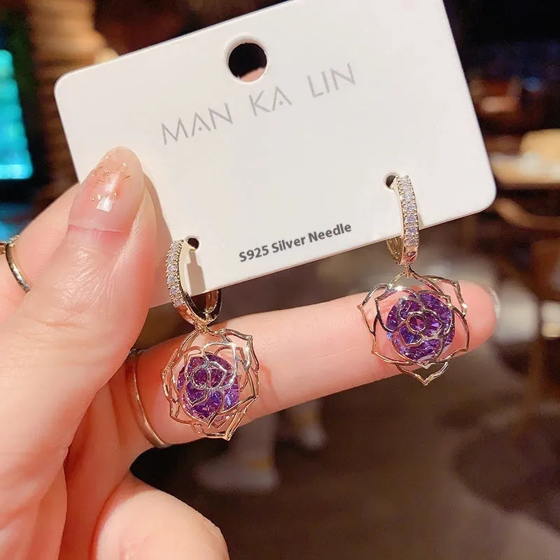 Geometric rose design copper earrings with zircon details in multiple colour options