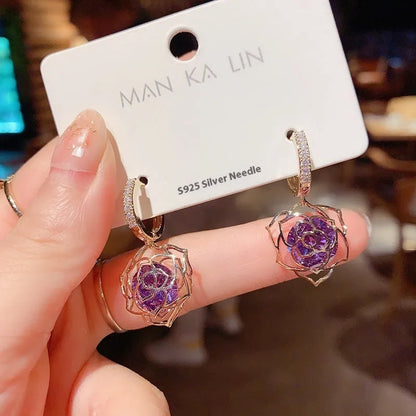 Geometric rose design copper earrings with zircon details in multiple colour options