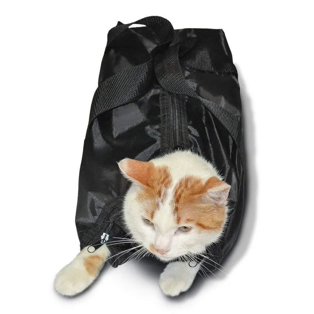Black cat grooming restraint bag made from 420D PU Oxford fabric, shown open and folded.