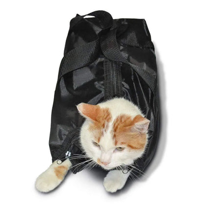 Black cat grooming restraint bag made from 420D PU Oxford fabric, shown open and folded.