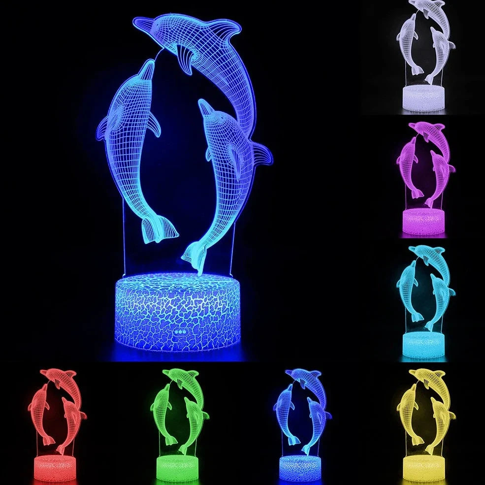 Dolphin series 3D LED night light with laser-engraved acrylic showing stereoscopic patterns