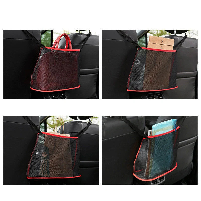 Durable car net pocket handbag holder in red and black, dimensions 40x12x26cm