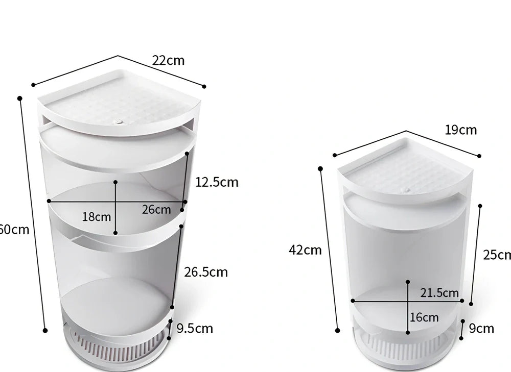 White triangle corner shelf with three tiers mounted in bathroom corner holding toiletries
