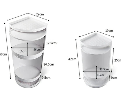 White triangle corner shelf with three tiers mounted in bathroom corner holding toiletries