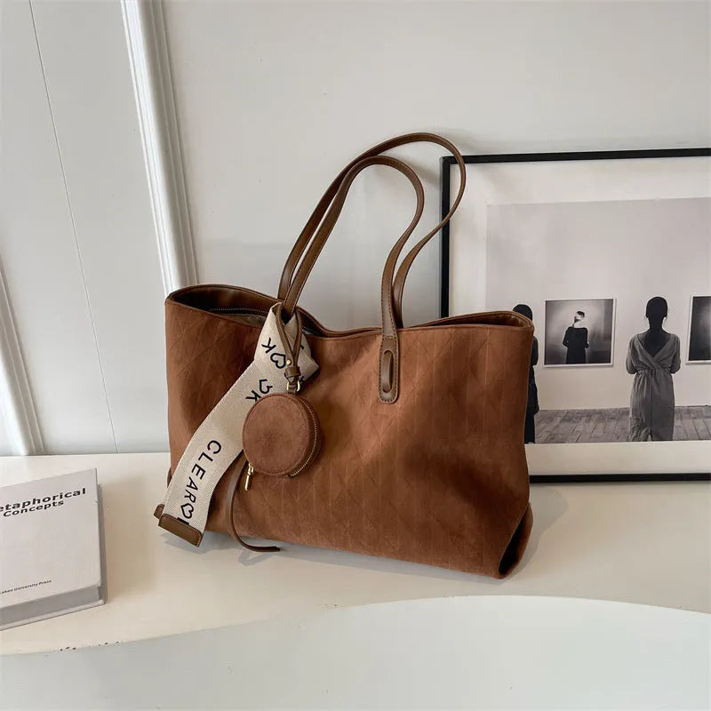 Large soft polyester casual tote shoulder bag in a horizontal square shape with sandwich pockets.